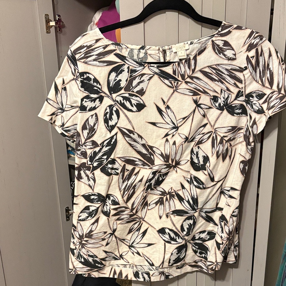 J. Crew Black and Cream Leaf Print Short Sleeve Linen-Blend Top